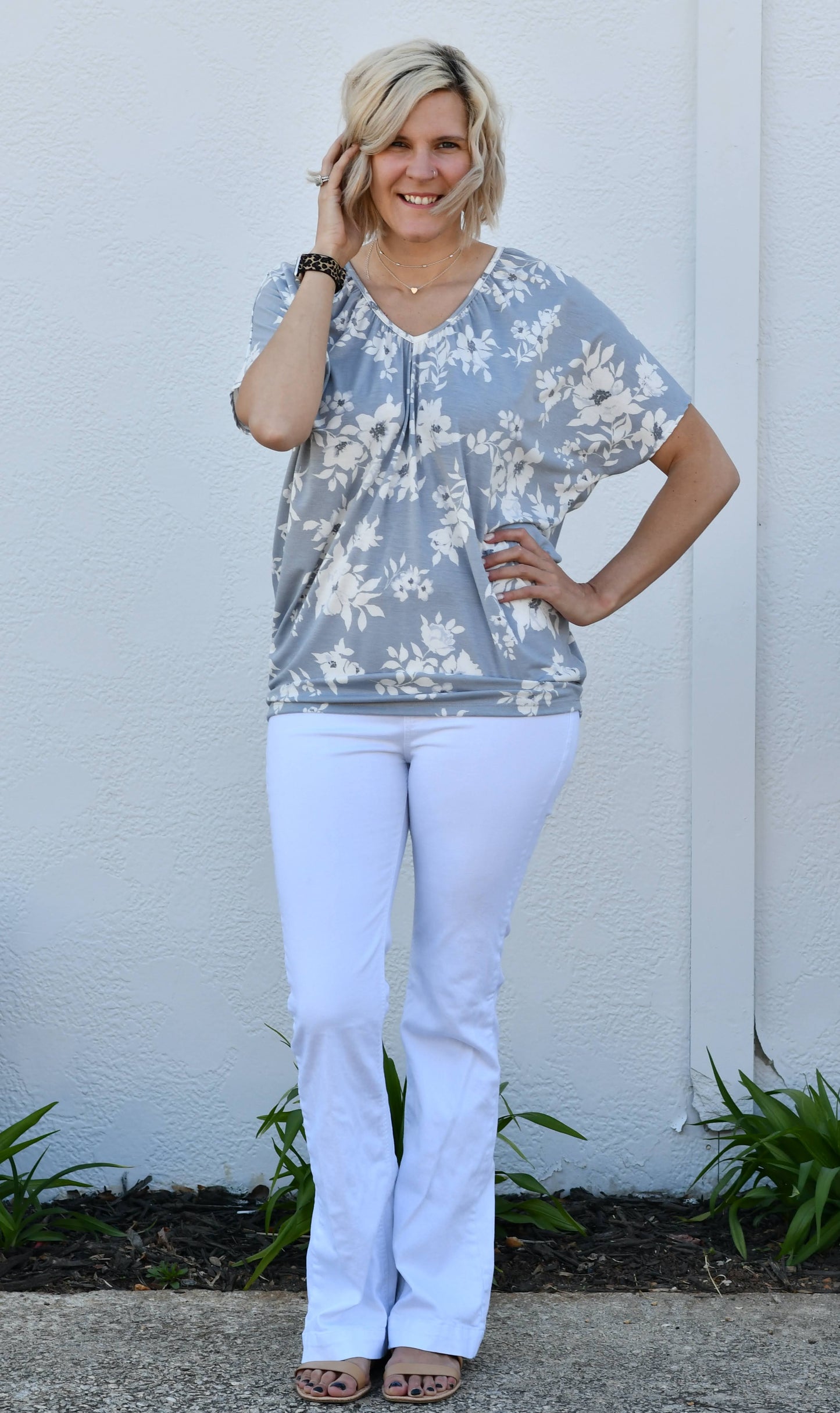 V-Neck Shirred Floral Dolman Top in Gray