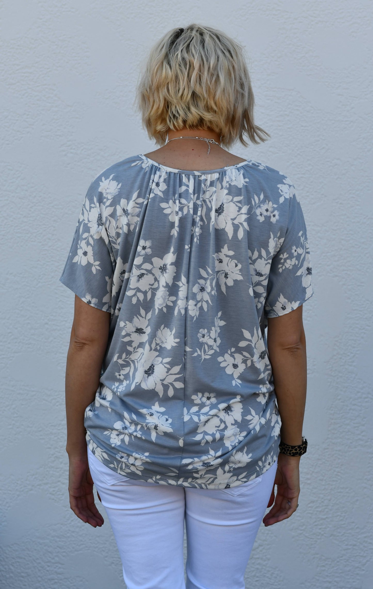 V-Neck Shirred Floral Dolman Top in Gray
