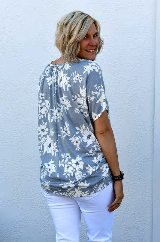V-Neck Shirred Floral Dolman Top in Gray