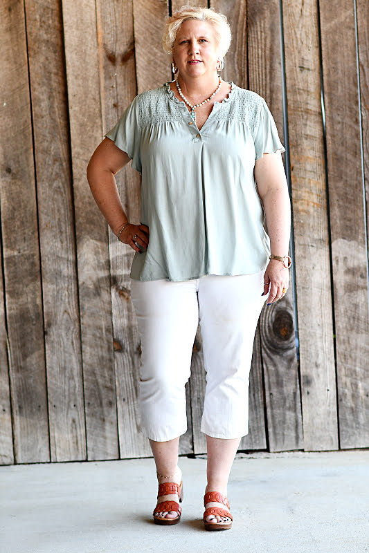 Smocked Shoulders Woven Top in Mint