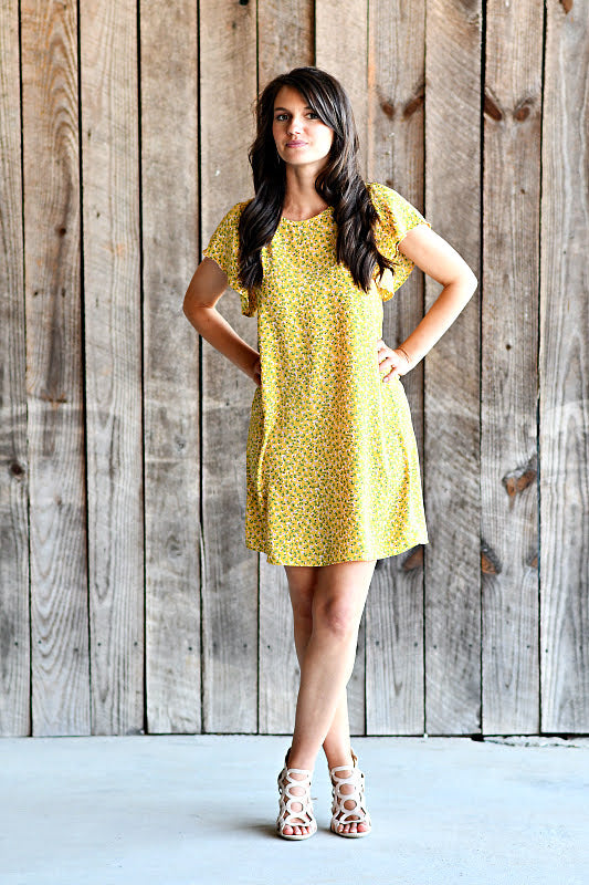 Flutter Sleeved Ditsy Floral Printed Dress in Yellow