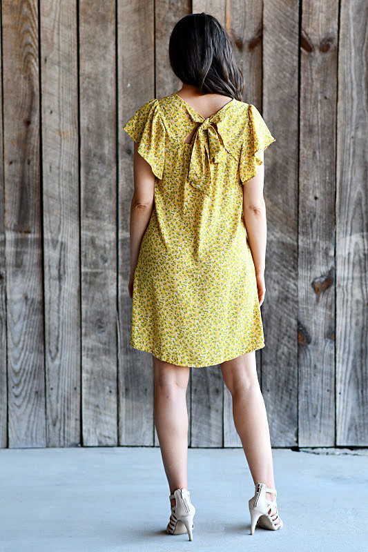 Flutter Sleeved Ditsy Floral Printed Dress in Yellow
