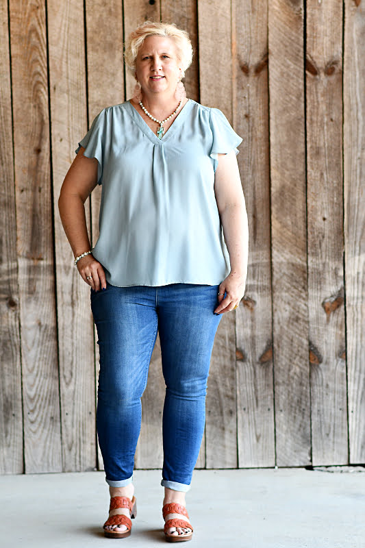 Short Butterfly Sleeve Woven Top in Dusty Blue