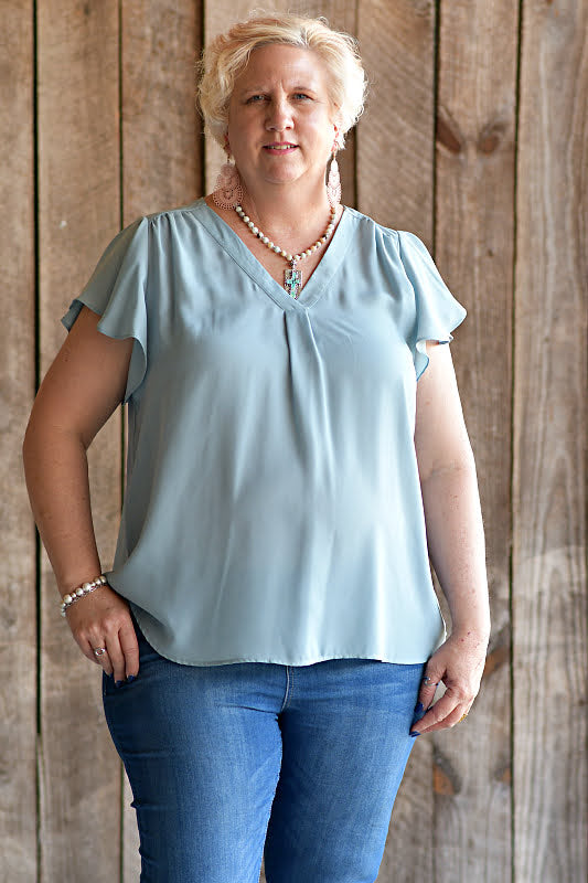 Short Butterfly Sleeve Woven Top in Dusty Blue