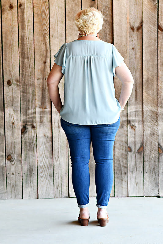 Short Butterfly Sleeve Woven Top in Dusty Blue