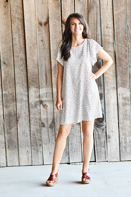 Flutter Sleeved Ditsy Floral Printed Dress in Ivory