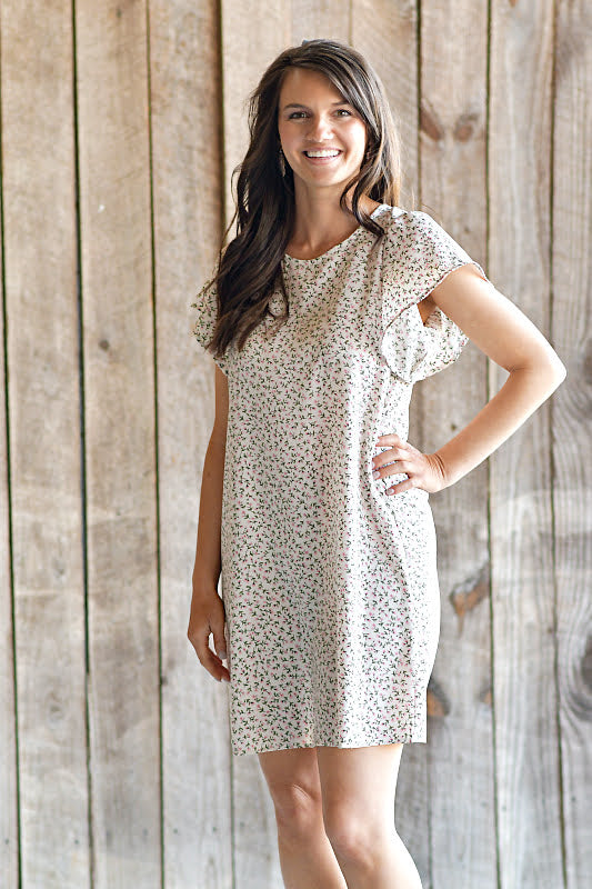 Flutter Sleeved Ditsy Floral Printed Dress in Ivory