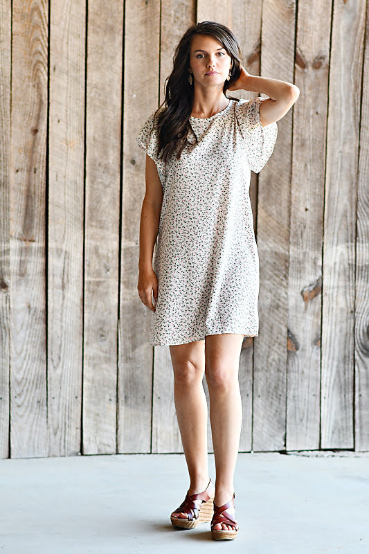 Flutter Sleeved Ditsy Floral Printed Dress in Ivory