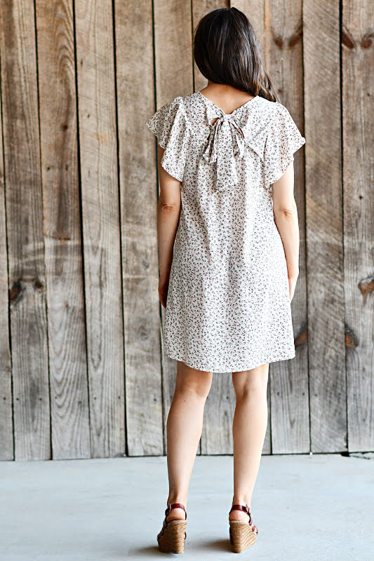 Flutter Sleeved Ditsy Floral Printed Dress in Ivory