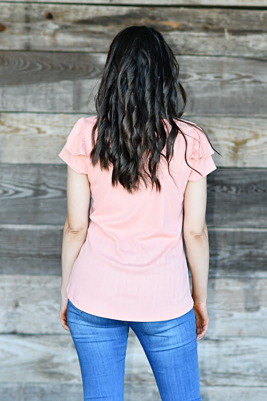 Short Ruffled Sleeve Ribbed Top in Peach