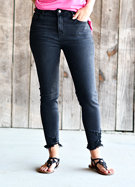 Mid Rise Cropped Skinny with a Frayed & Distressed Hem Jeans in Black –  Sweet Sassafras Boutique