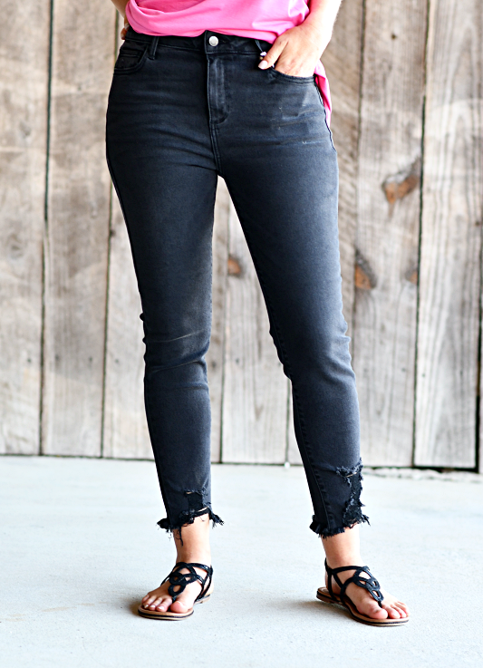 Distressed frayed skinny jeans on sale