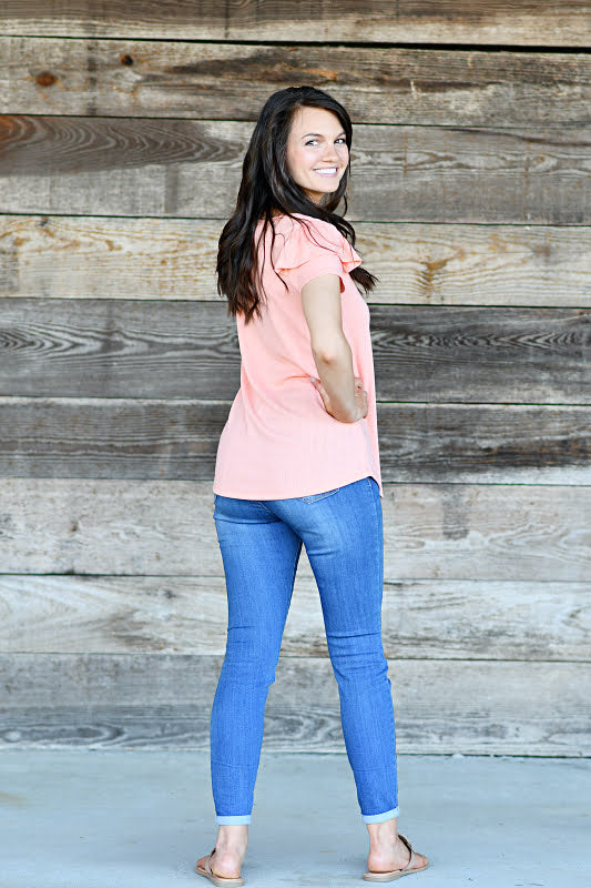 Short Ruffled Sleeve Ribbed Top in Peach