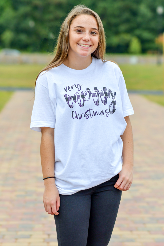 Very Merry Christmas Black Plaid Graphic Tee in White