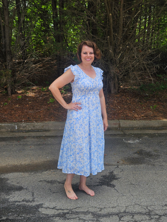 Floral Smocked Short Sleeve Midi Dress in Blue