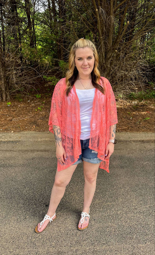 Lace Kimono in Coral