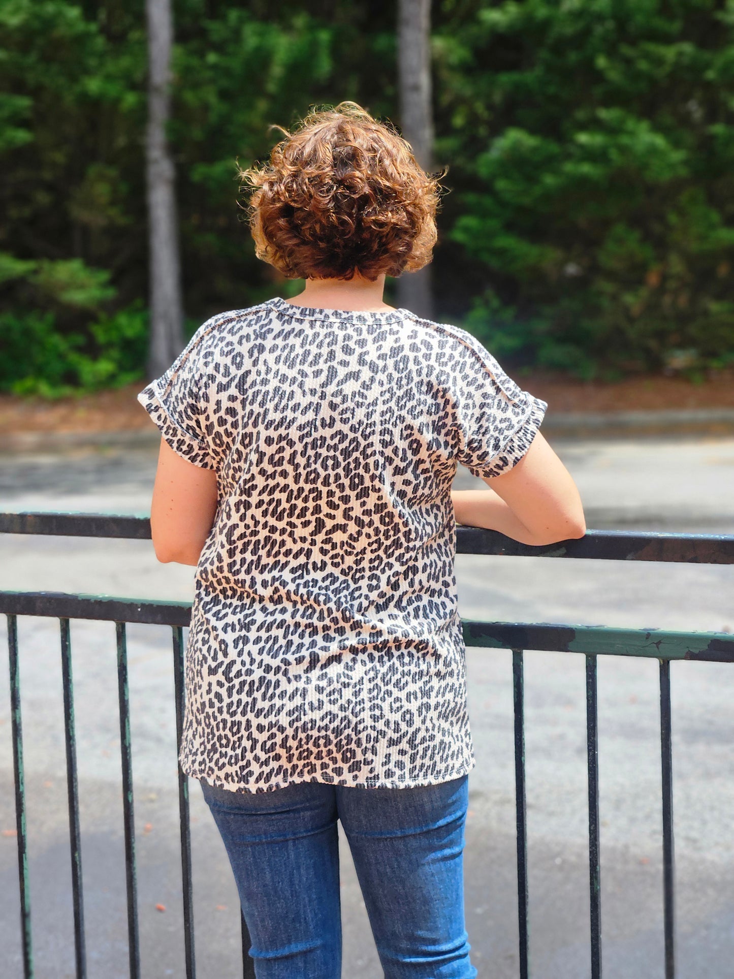 Dolman Short Sleeve Urban Ribbed Animal Print Top in Beige