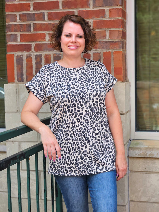 Dolman Short Sleeve Urban Ribbed Animal Print Top in Beige