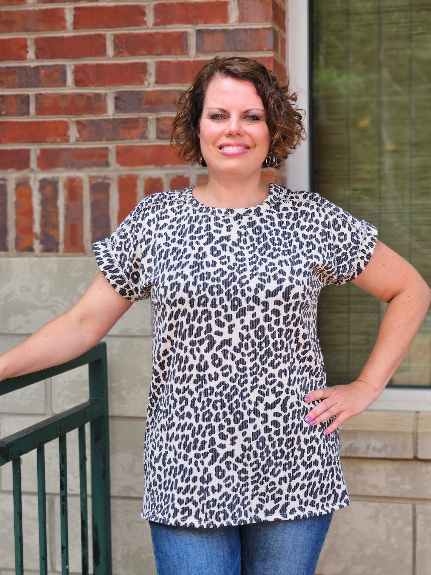Dolman Short Sleeve Urban Ribbed Animal Print Top in Beige