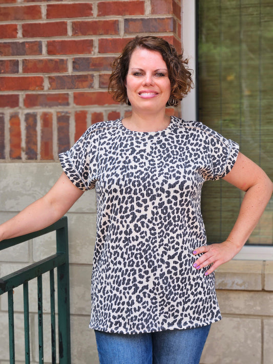 Dolman Short Sleeve Urban Ribbed Animal Print Top in Beige
