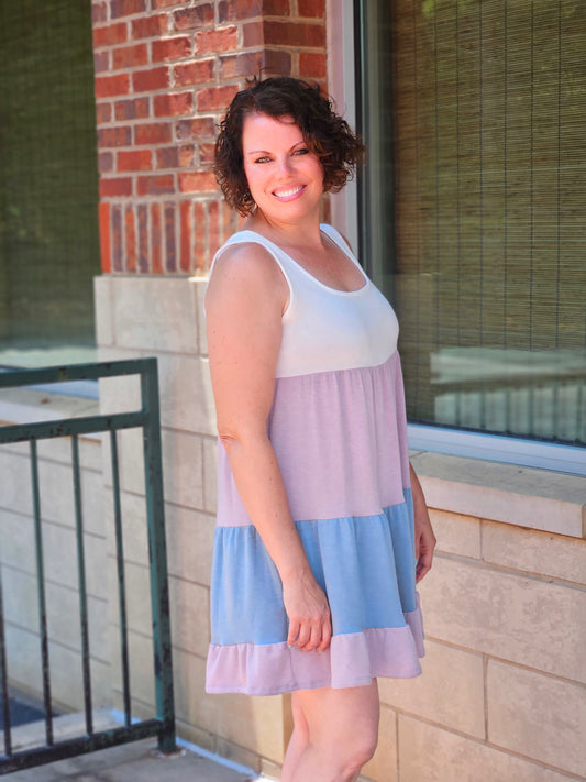 Sleeveless Color Block Swing Dress in Lavender and Teal