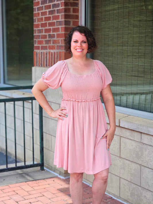 Puff Sleeve Square Neck Babydoll Dress in Peach