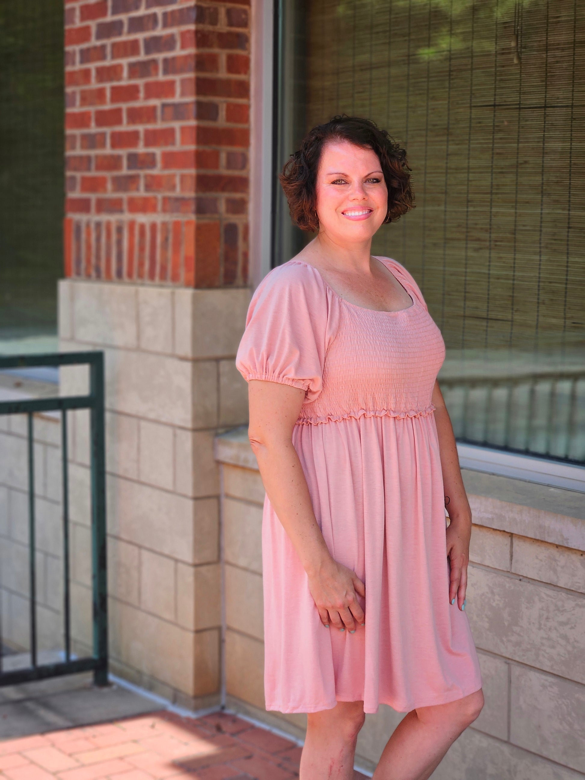 Puff Sleeve Square Neck Babydoll Dress in Peach Large Puff Sleeve Square Neck Babydoll Dress in Peach Large