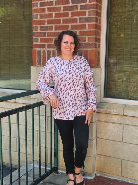 Long Puff Sleeved Multi-Print Top in Taupe/Burgundy