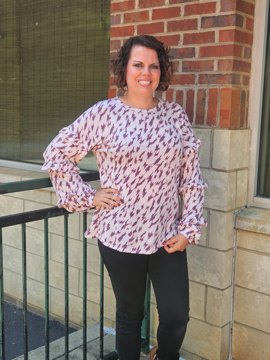 Long Puff Sleeved Multi-Print Top in Taupe/Burgundy
