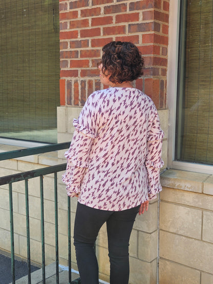 Long Puff Sleeved Multi-Print Top in Taupe/Burgundy