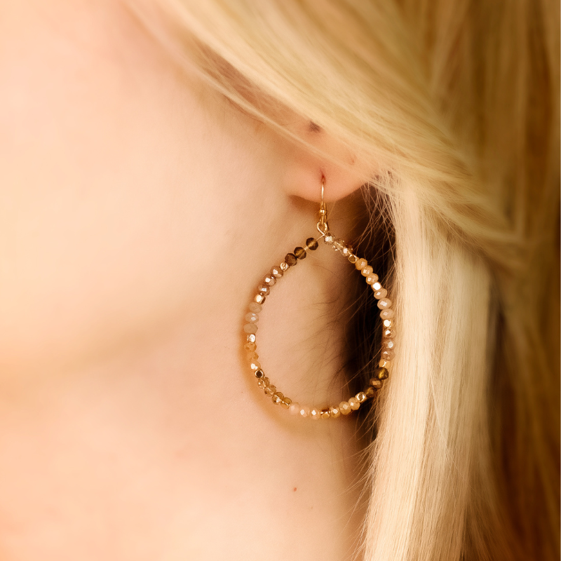 Gold Beaded Hoop Earrings in Brown