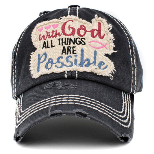 Distressed Embroidered With God All Things Are Possible Vintage Ball Cap in Black