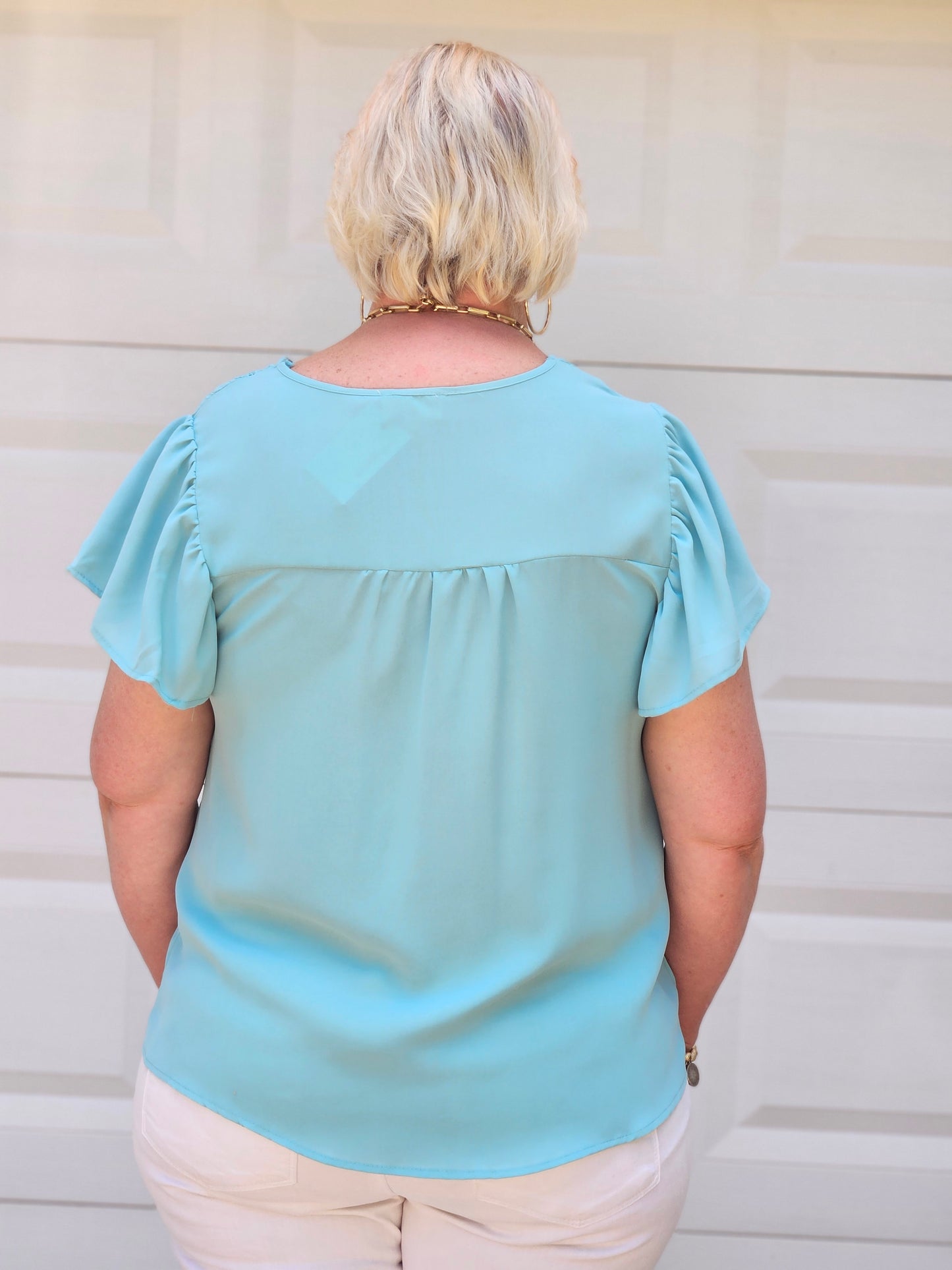 Lace V-Neck Woven Top in Jade