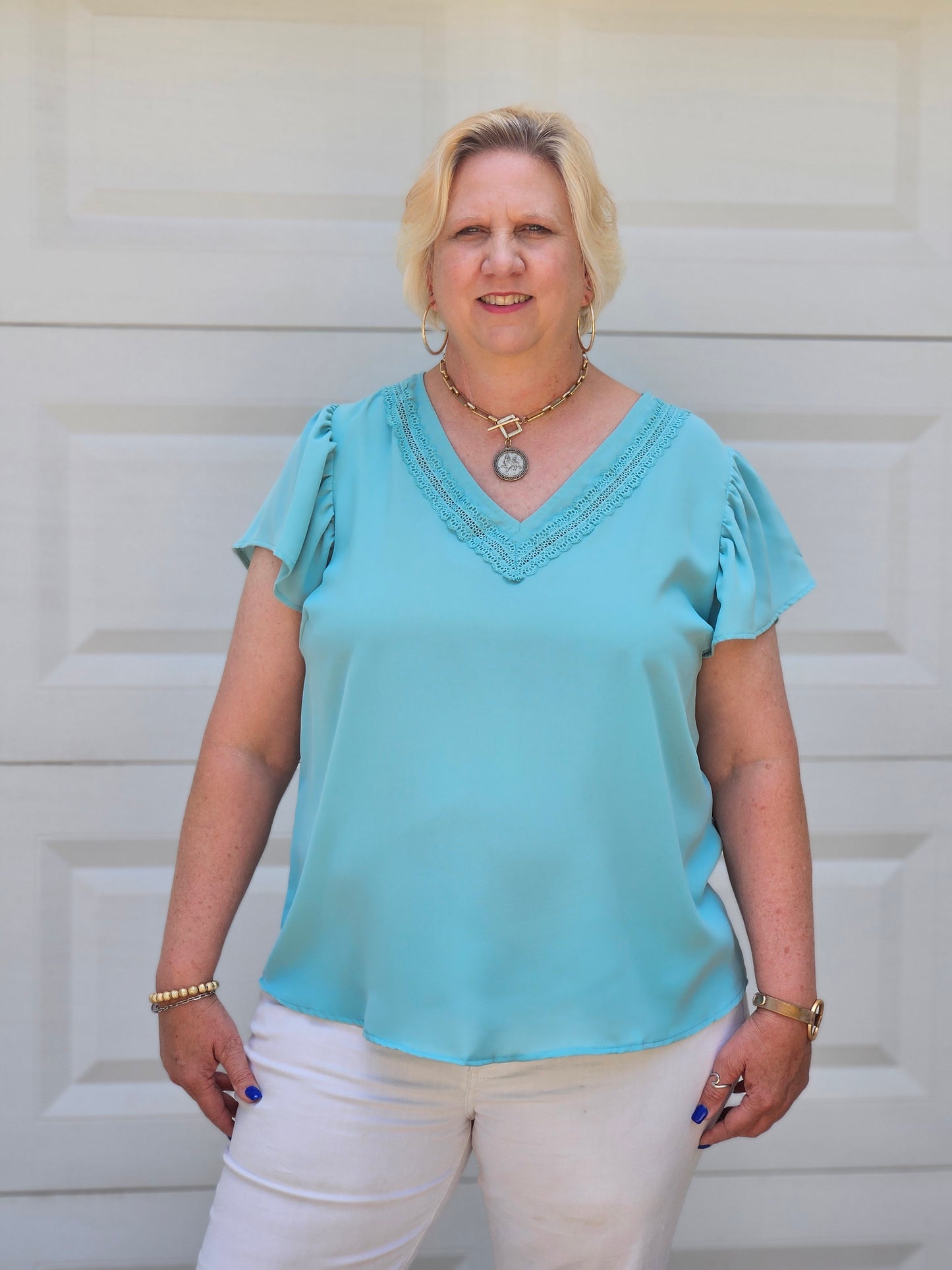 Lace V-Neck Woven Top in Jade