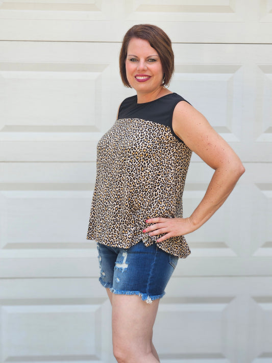 Animal Print Sleeveless Swing Top in Black and Taupe