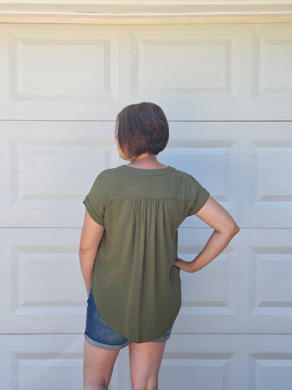 Rolled Sleeve Woven Top in Olive