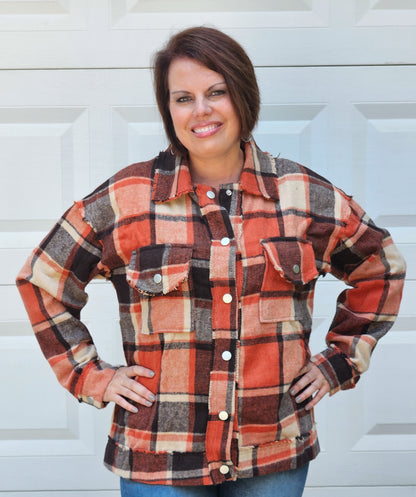 Multi-Color Plaid With Raw Edge Detail Button-Down Shacket in Rust and Brown