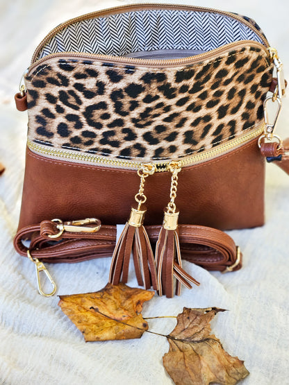 Two Tone Crossbody and/or Wristlet with Front Zip Pocket in Leopard Print
