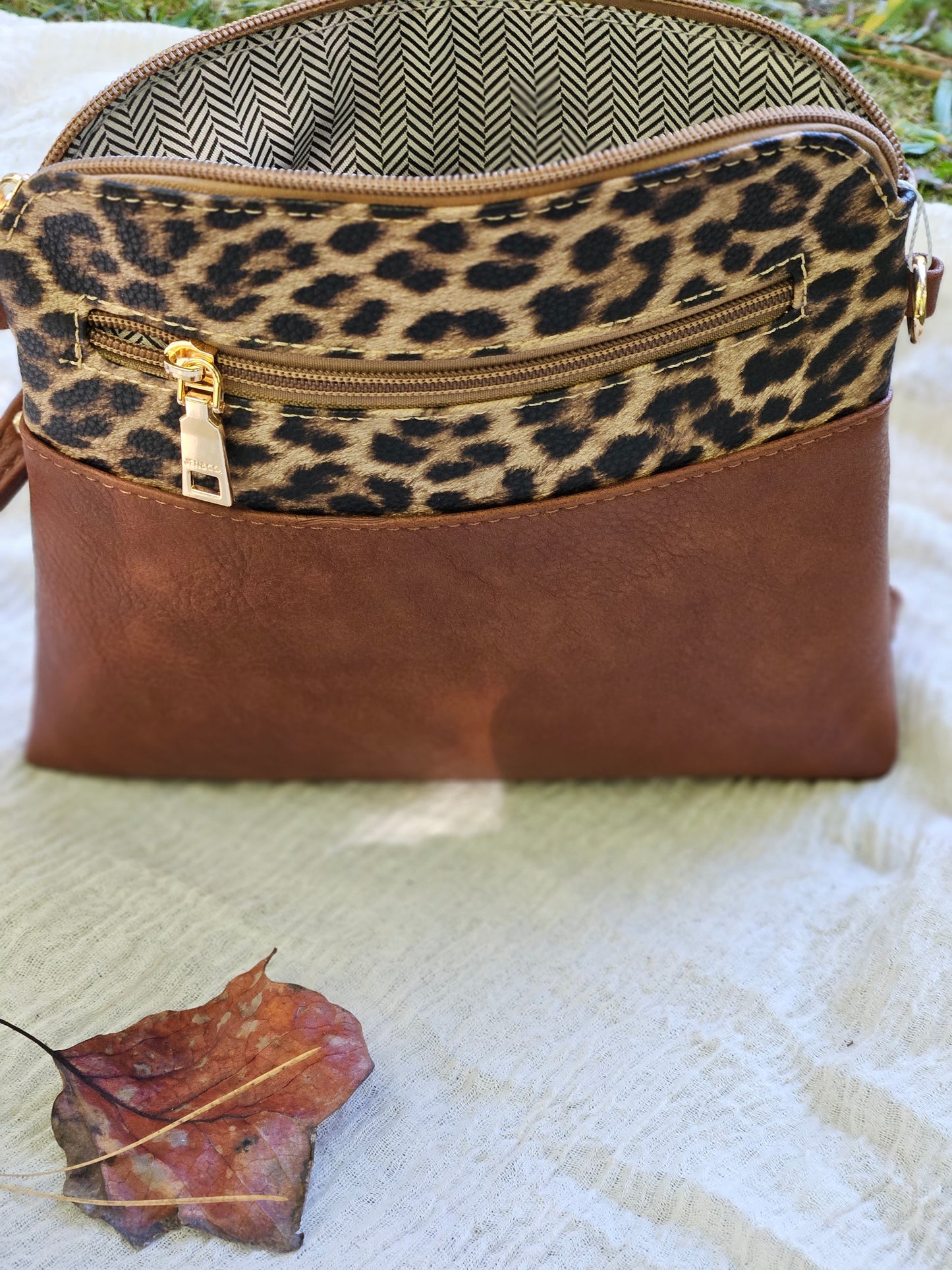 Two Tone Crossbody and/or Wristlet with Front Zip Pocket in Leopard Print