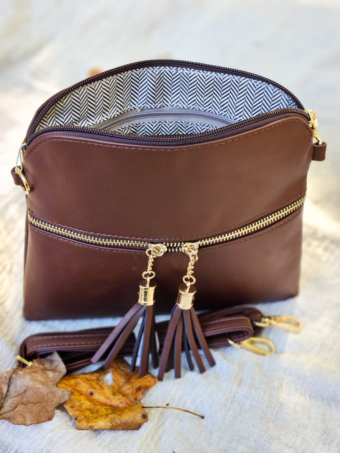 Two Tone Crossbody/Wristlet with Front Zip Pocket in Dark Chocolate