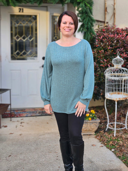 Puff Sleeve Hacci Brushed Top in Dusty Green