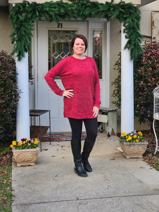 Long Sleeve Pullover Tunic Sweater in Burgundy
