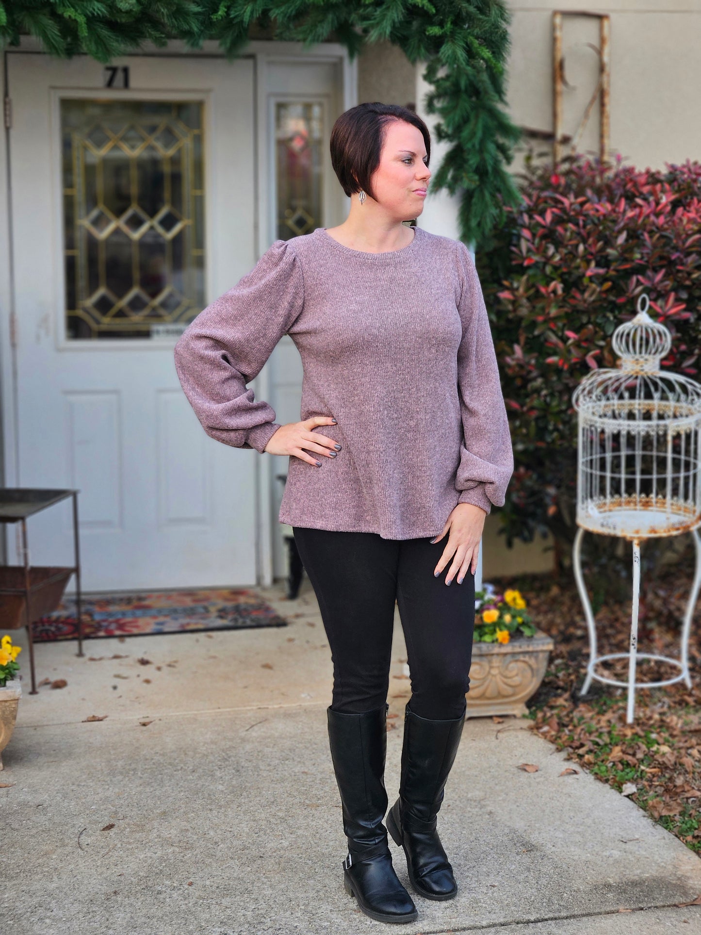Puff Sleeve Ribbed Top in Mauve