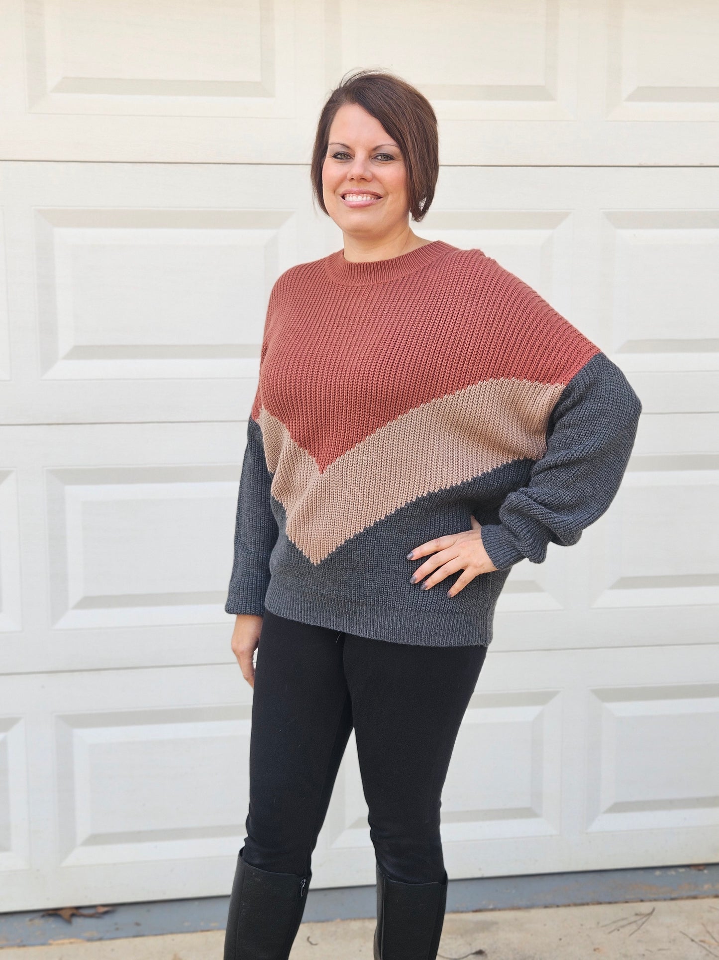Color Block Chevron Sweater in Rust/Charcoal