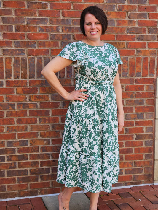 Floral Print Cut-Out Midi Dress in Green