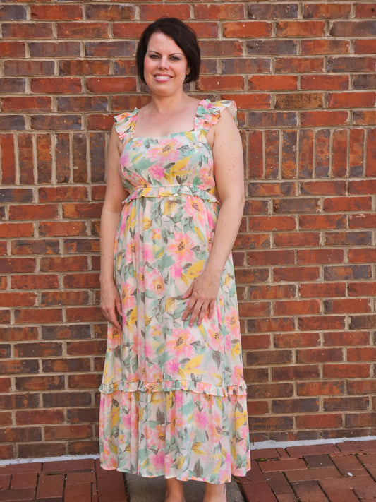 Watercolor Floral Print Ruffle Sleeveless Midi Dress in Ivory