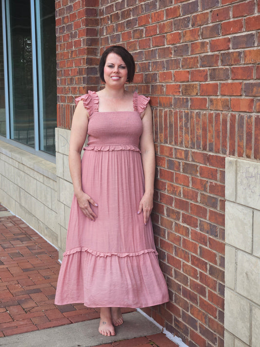 Flutter Sleeved Smocked Midi Dress in Dusty Pink