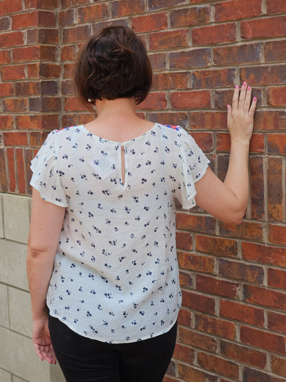 Geometric Floral Embroidered Top in Ivory