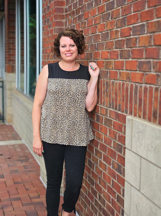 Animal Print Sleeveless Swing Top in Black and Taupe