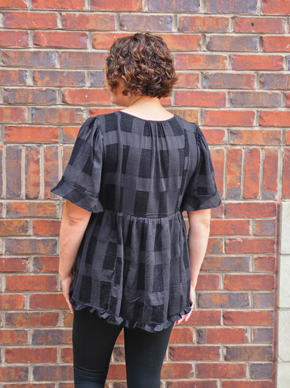 Sheer Textured Flutter Sleeve Babydoll Top in Black